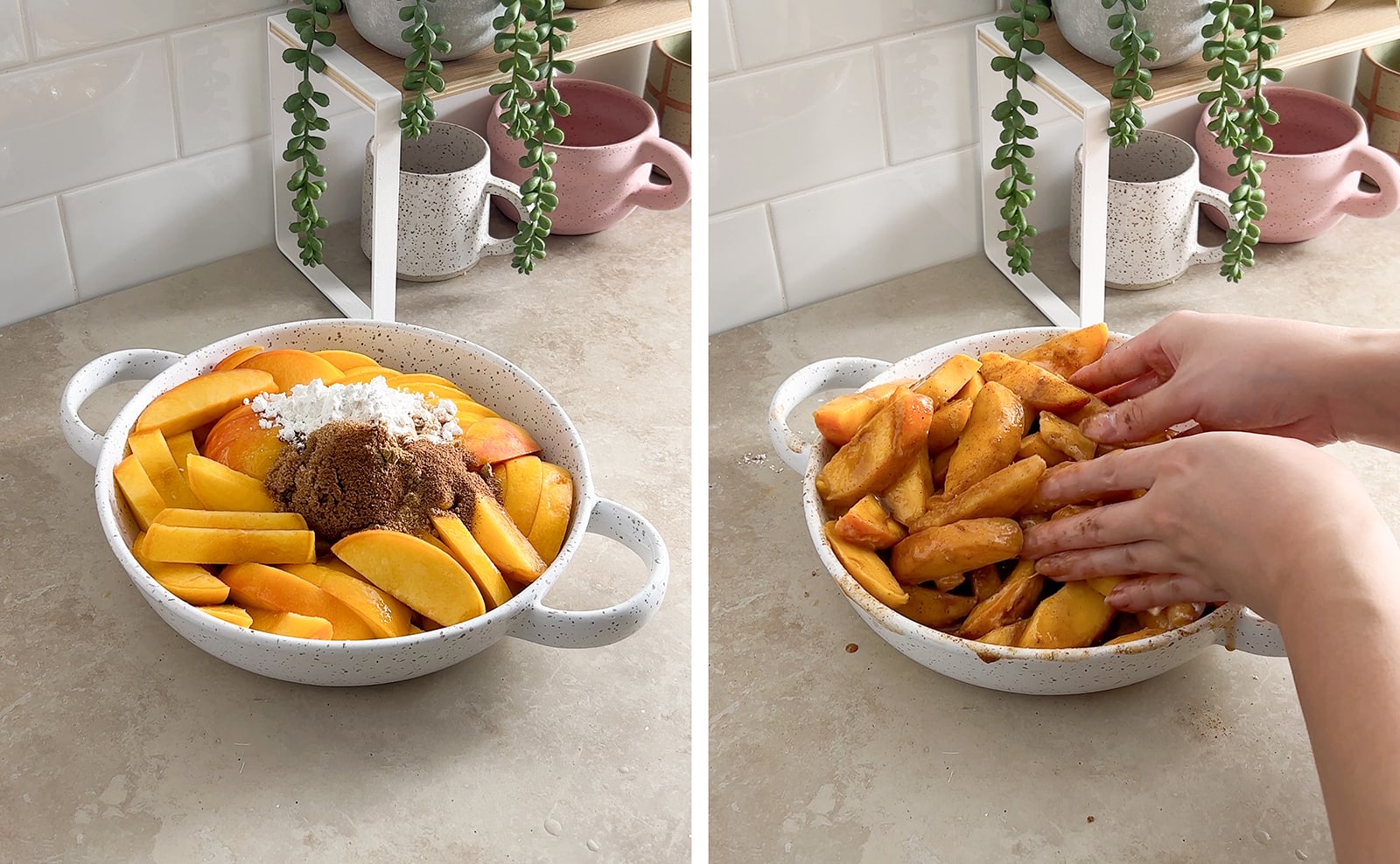 Left to right: peach slices in a baking dish with spices on top, hands mixing peach slices with spices.