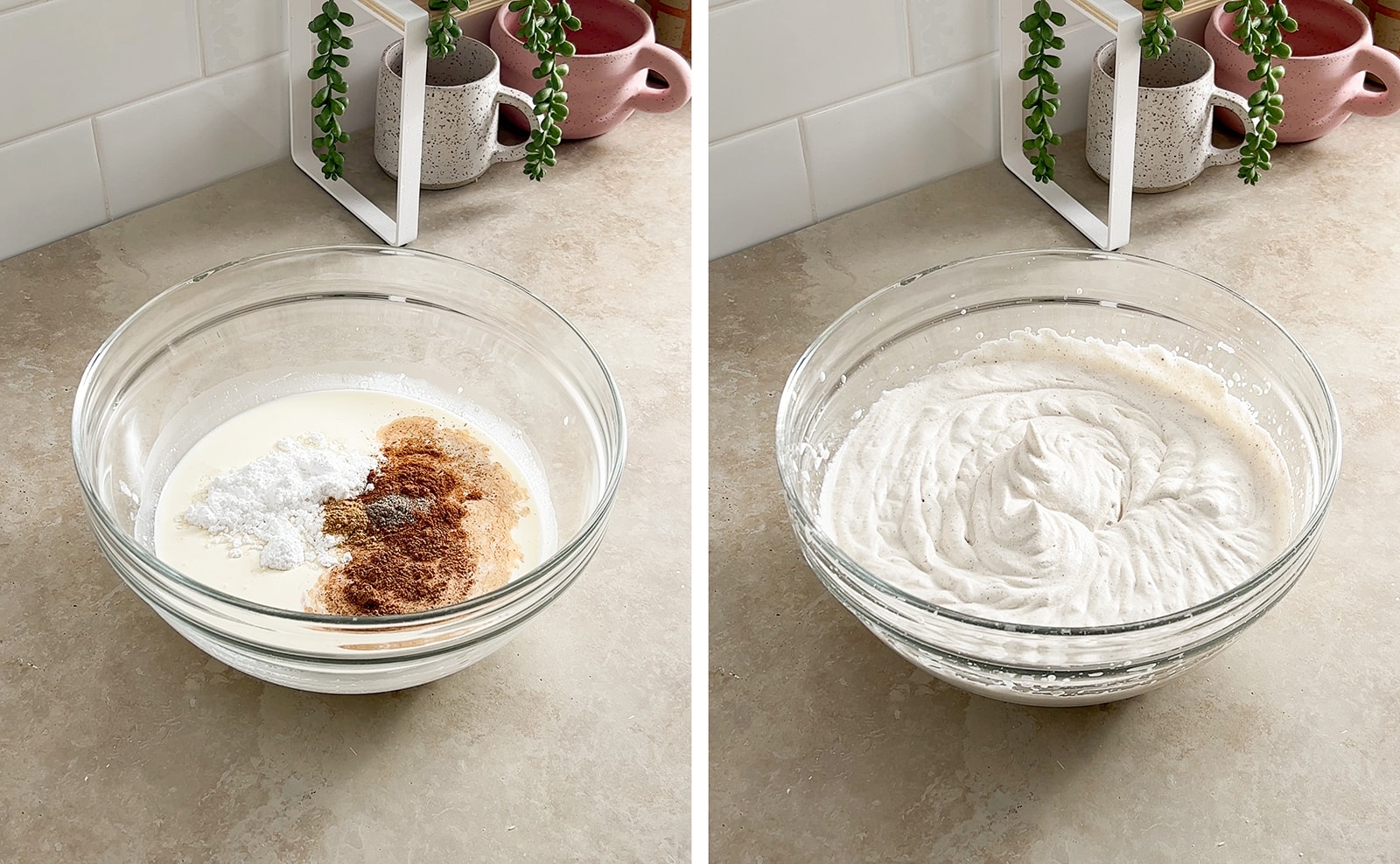 Left to right: bowl of whipping cream and spices, whipped cream in a mixing bowl.