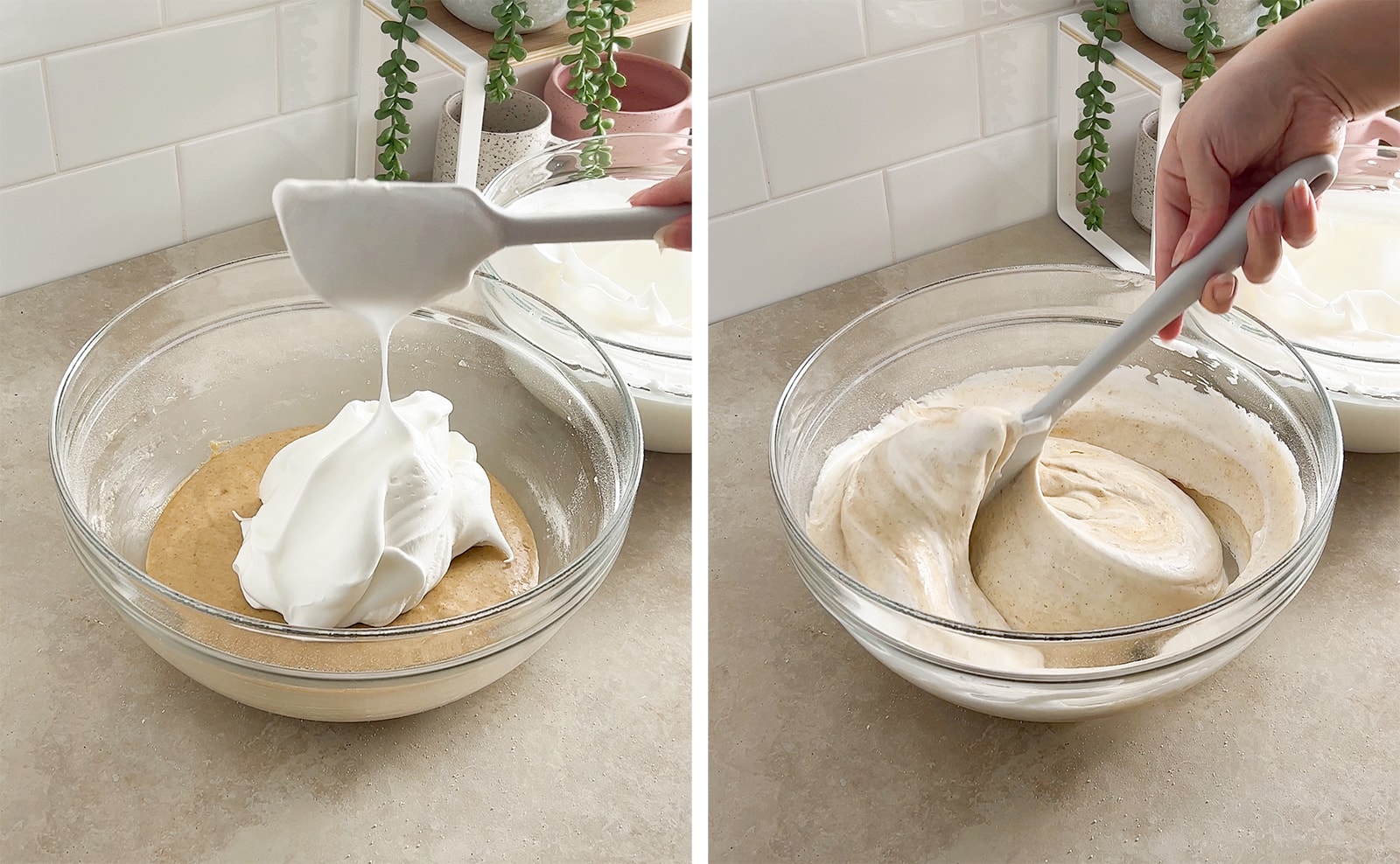 Left to right: dropping meringue into bowl of batter from spatula, folding cake batter in bowl with a spatula.