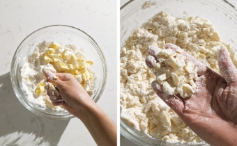 Left to right: hand pressing butter in between fingers over a mixing bowl, hand holding pea-sized pieces of butter over a bowl of flour.