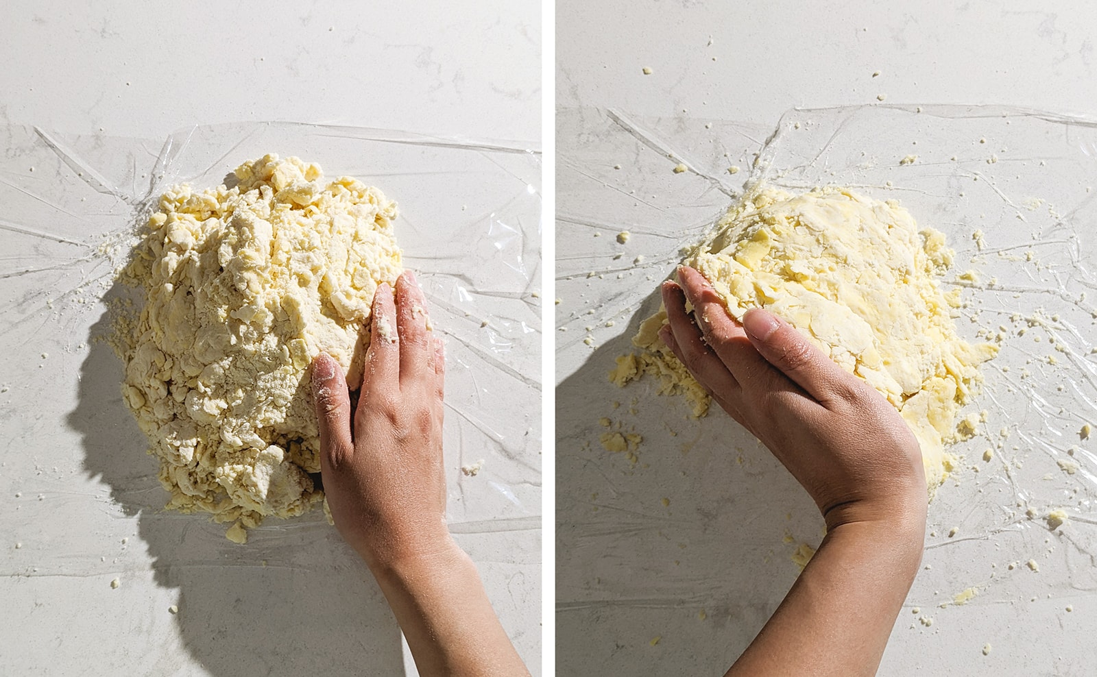 Left to right: hand pressing a pile of pie dough together, hand folding pie dough onto itself.