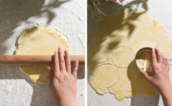 Left to right: hand rolling out a disc of pie dough, cutting out rounds of pie dough with a round cutter.