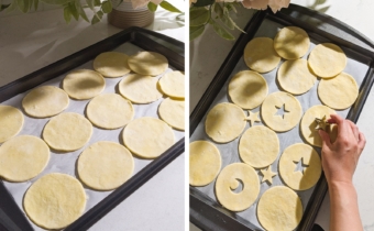 Left to right: baking tray full of pie dough rounds, hand placing a star-shaped cutter on a pie dough round.