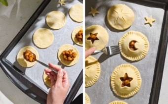 Left to right: hand placing a spoonful of apple filling onto a pie dough round, pressing down the edges of a hand pie with a fork.