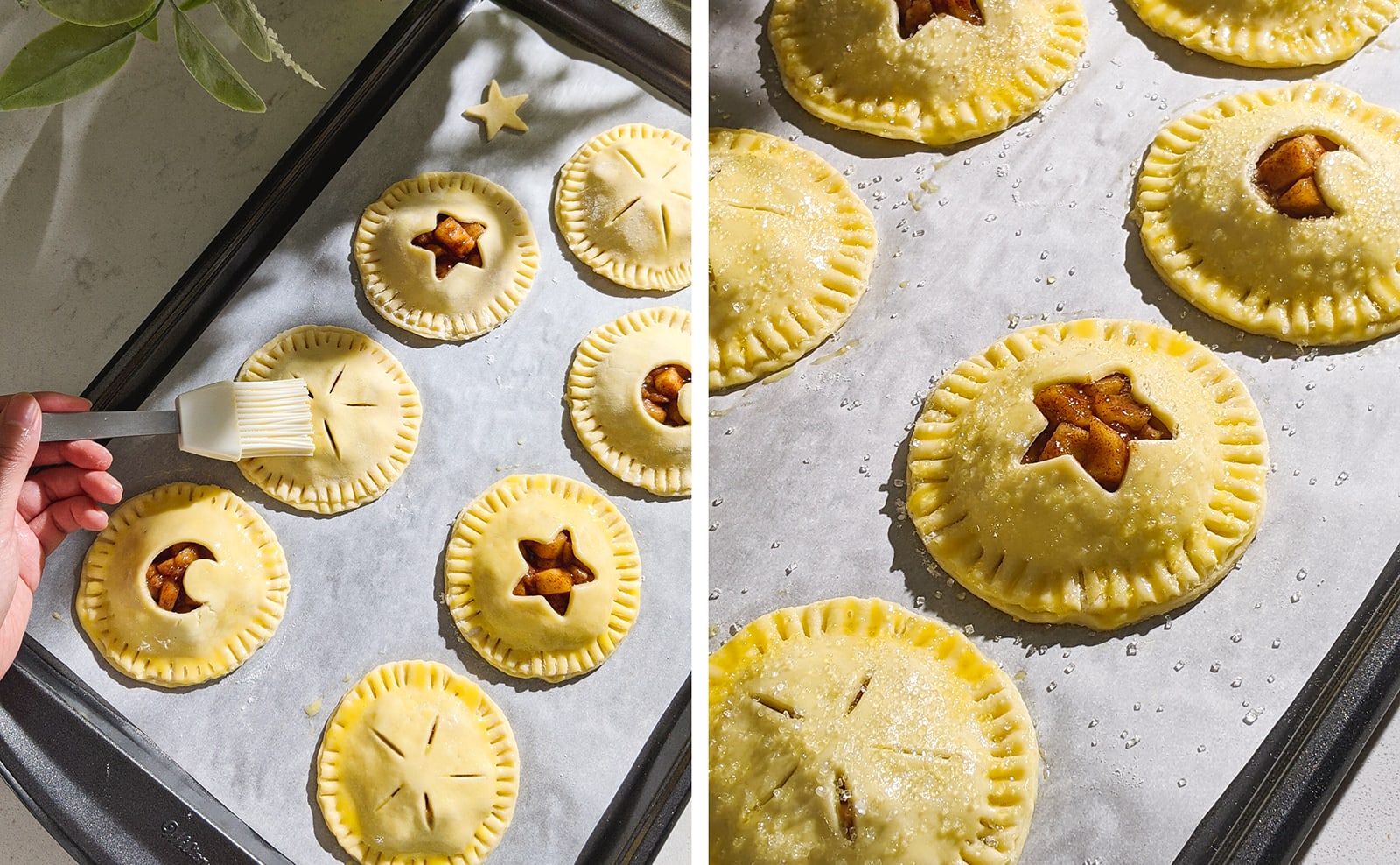 Left to right: brushing apple hand pies with egg wash, apple hand pies pre-bake showing the egg wash and sugar crystals.