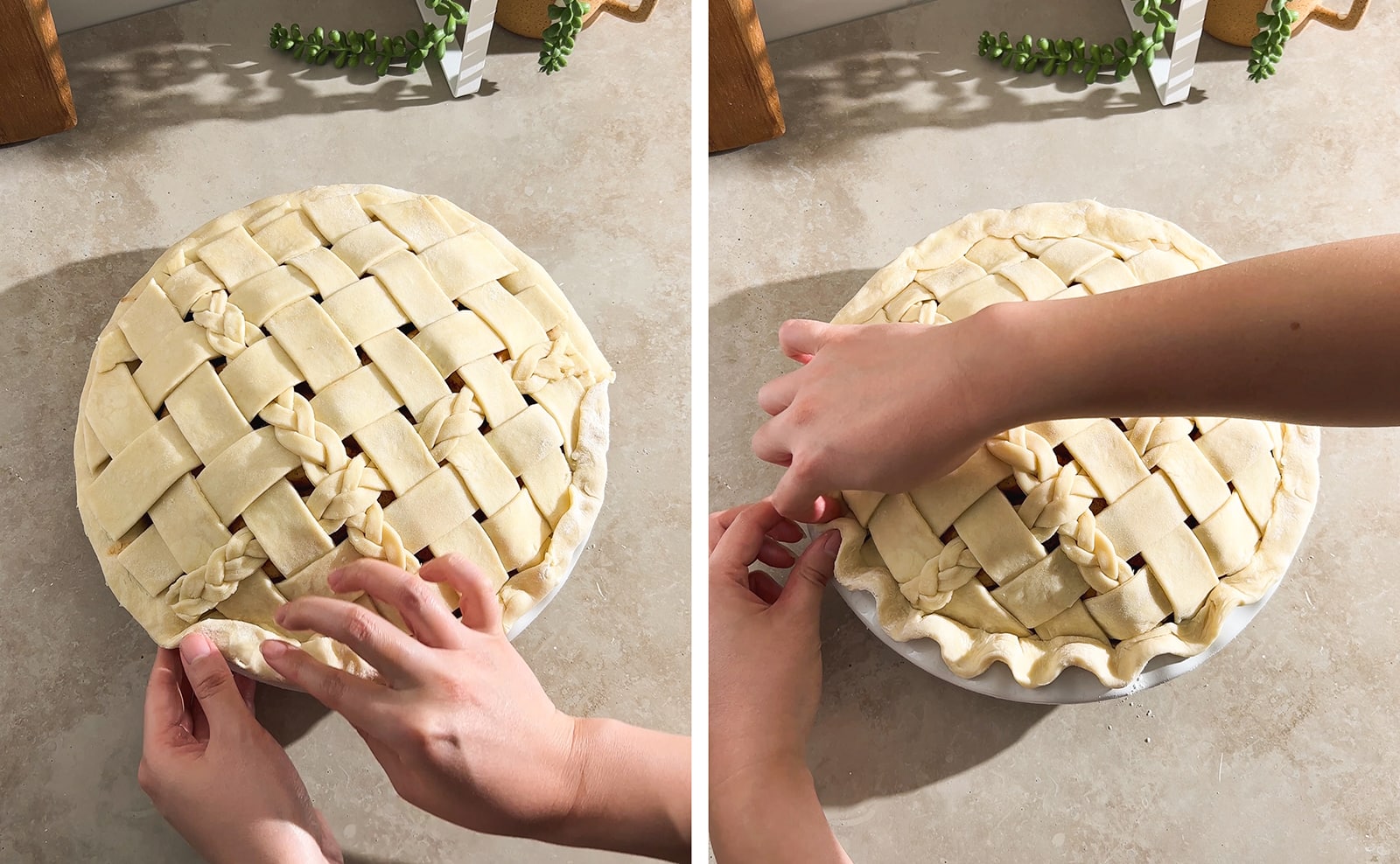 Left to right: hands folding pie crust over, hands crimping pie crust.