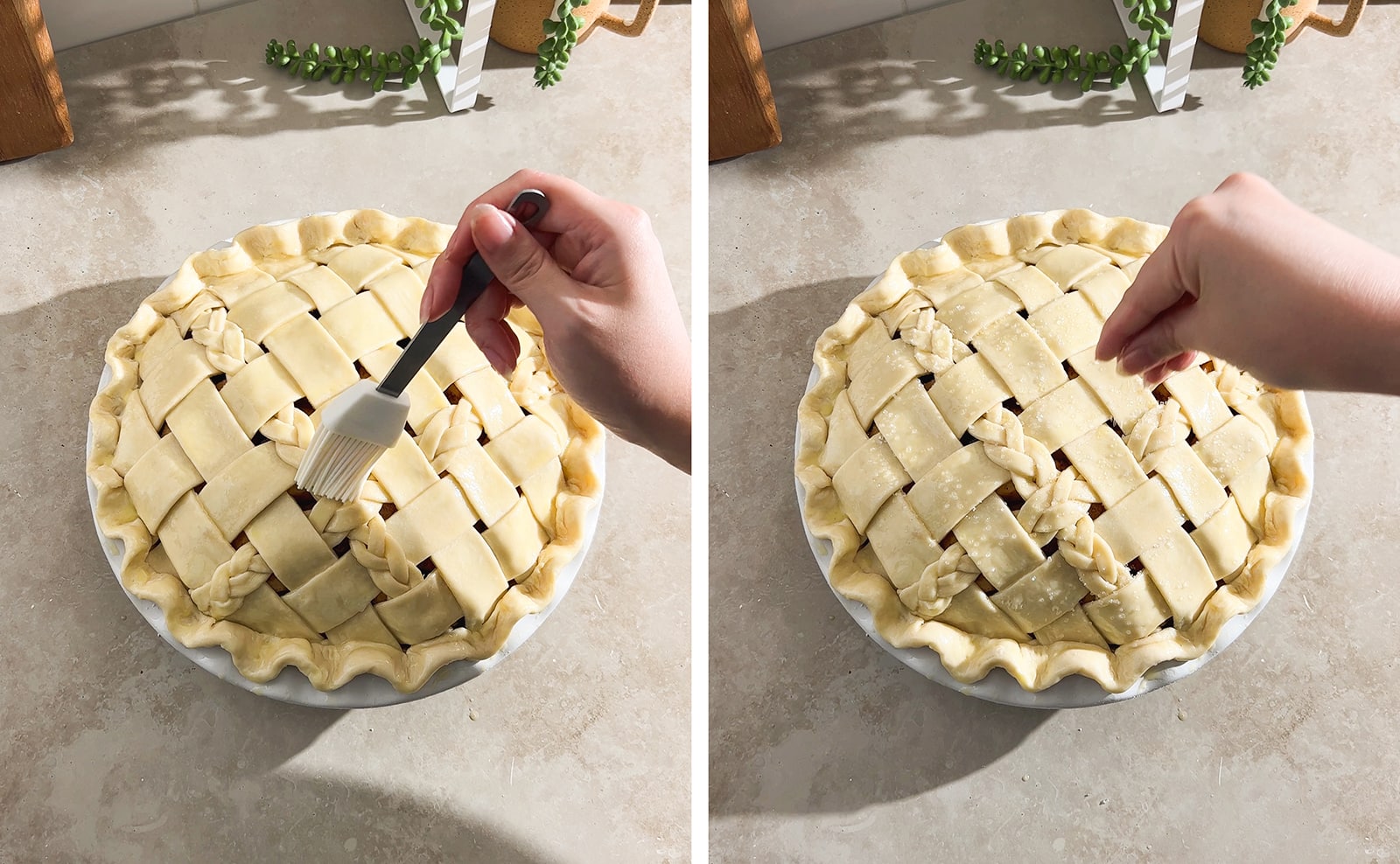 Left to right: brushing pie lattice with egg wash, hand sprinkling pie with sugar crystals.