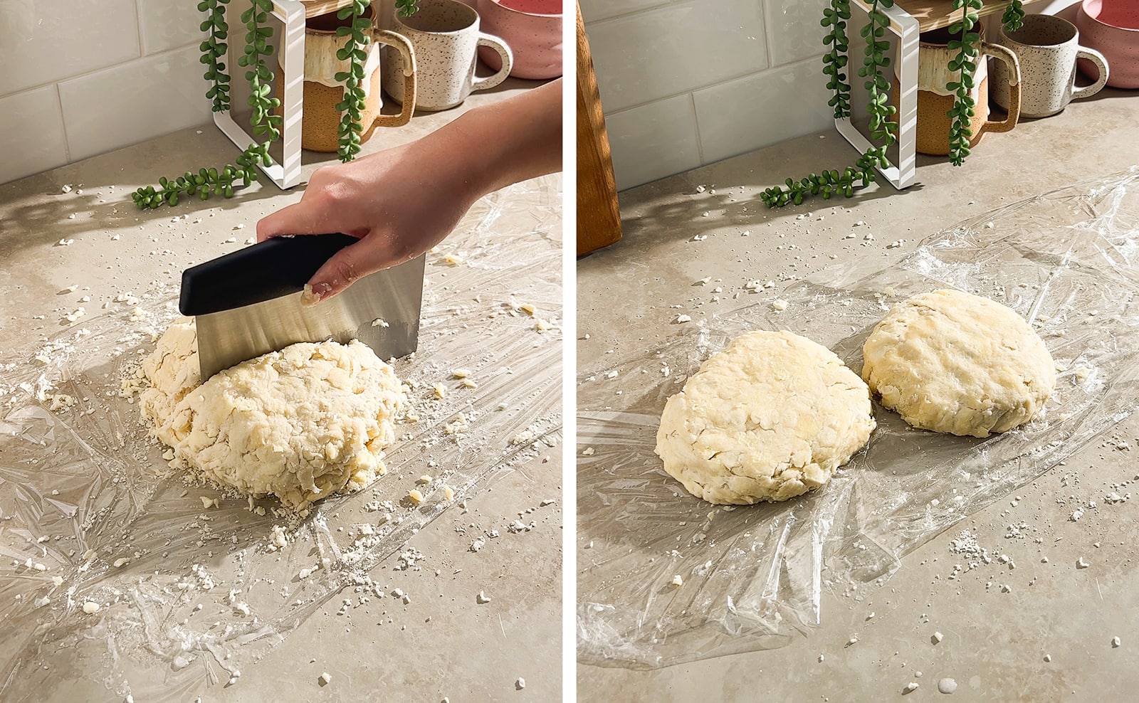 Left to right: cutting dough in half with bench scraper, two discs of pie dough on a sheet of plastic wrap.