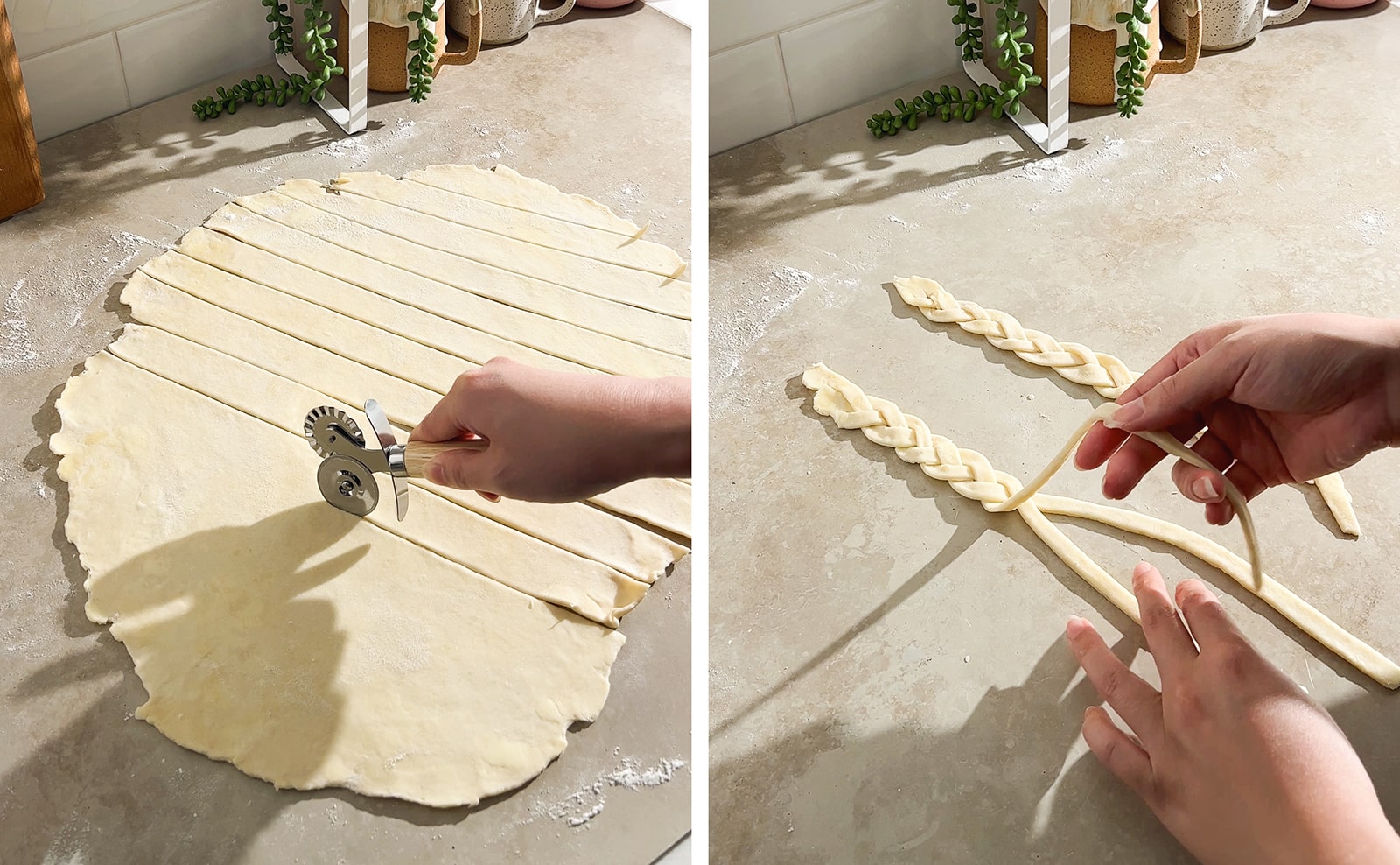 Left to right: hand cutting dough into strips with wheel cuttter, hands braiding dough strips.