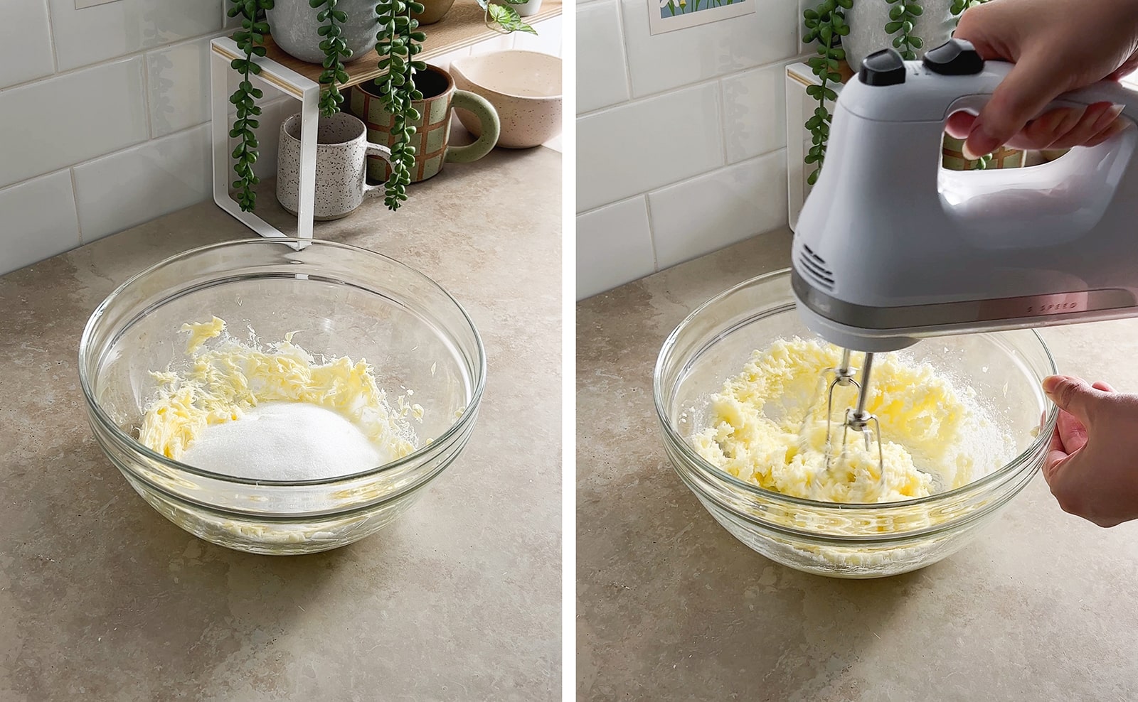 Left to right: butter and sugar in a mixing bowl, hand mixer creaming butter and sugar together in a bowl.