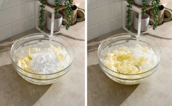 Left to right: butter and sugar in a mixing bowl, creamed butter and sugar in a mixing bowl.