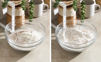 Left to right: dry ingredients in a mixing bowl, a bowl of mixed flour mixture.