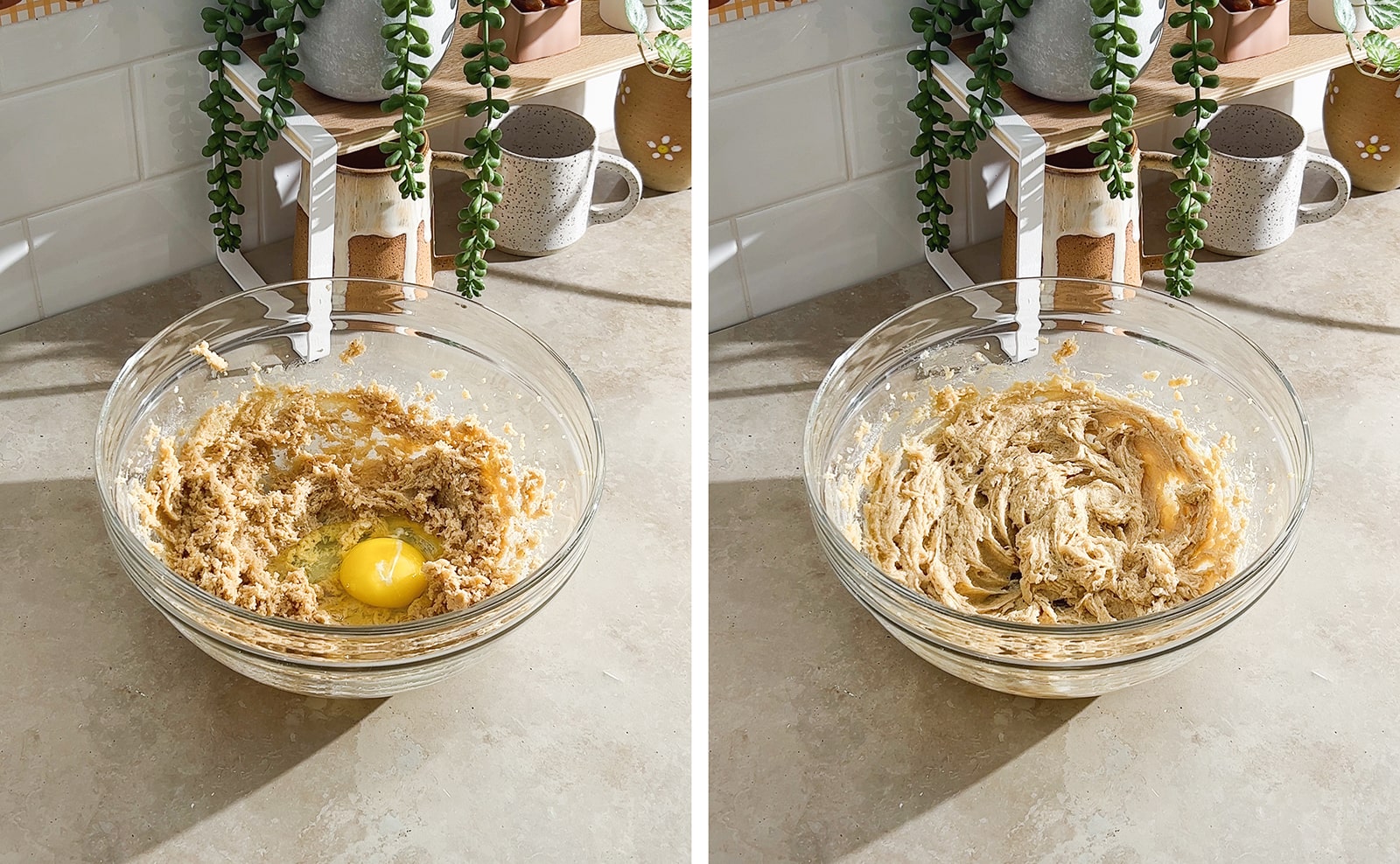 Left to right: an egg cracked into a bowl of butter mixture, cookie batter in a mixing bowl.