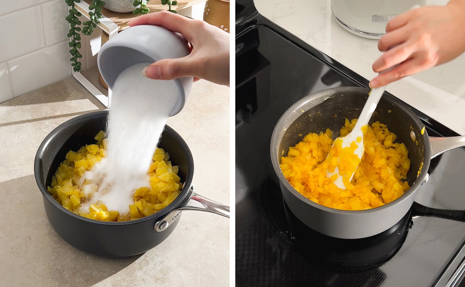 Left to right: pouring sugar into pot of crushed pineapple, stirring caramelized pineapple in a pot.