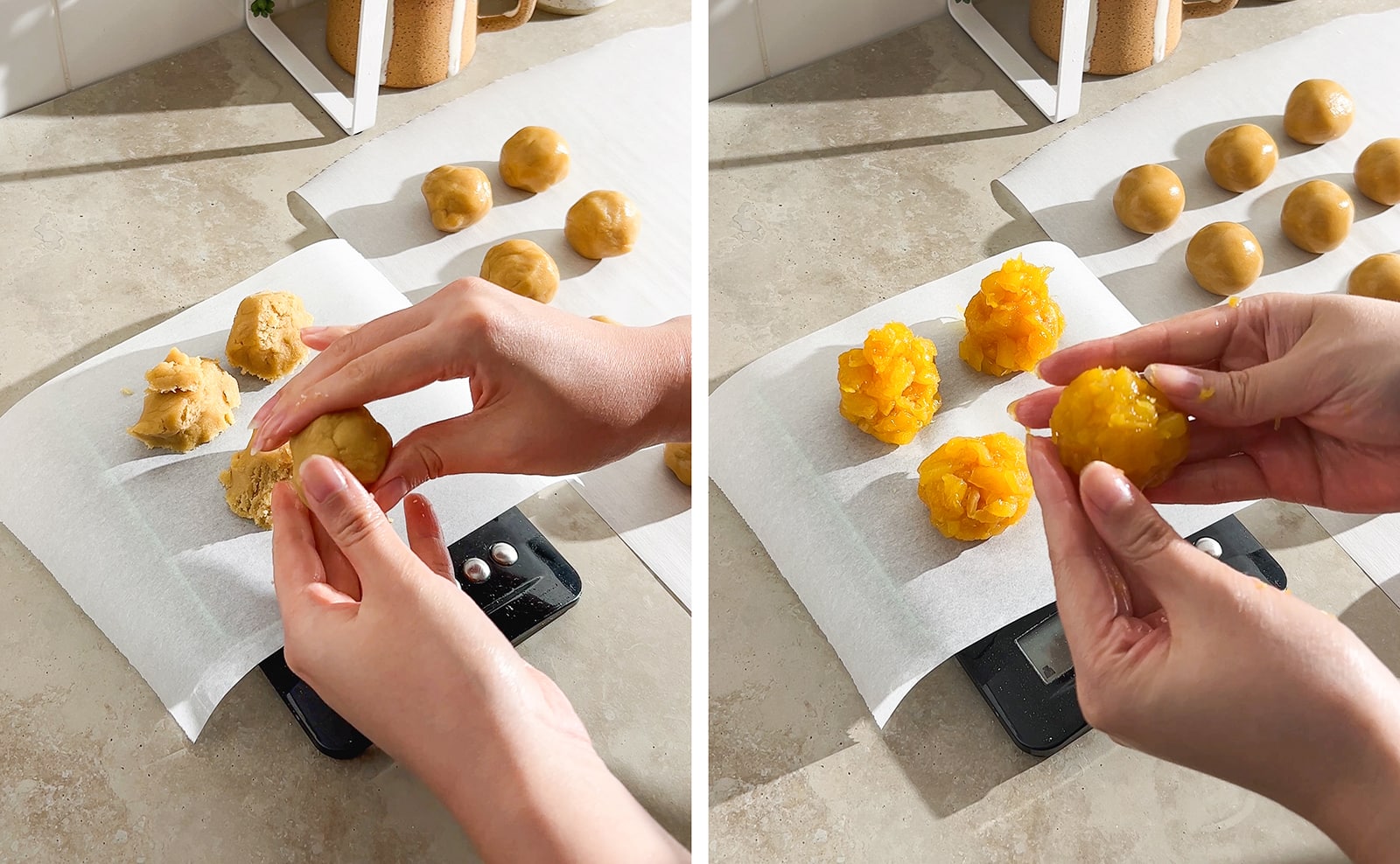 Left to right: hands shaping ball of dough, hands shaping ball of pineapple filling.