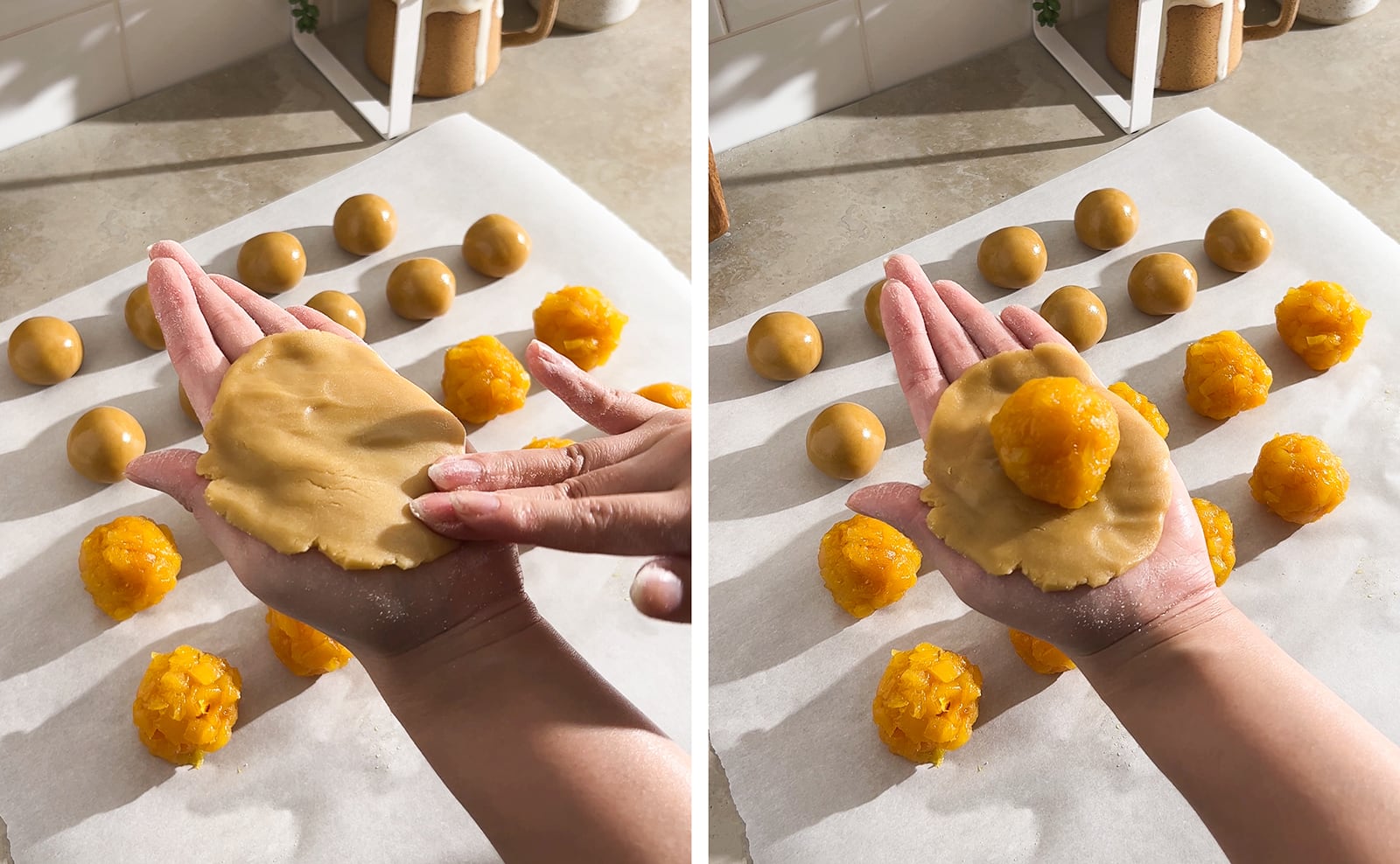 Left to right: flattening dough in the palm of a hand, a ball of pineapple filling in the middle of a flattened piece of dough.