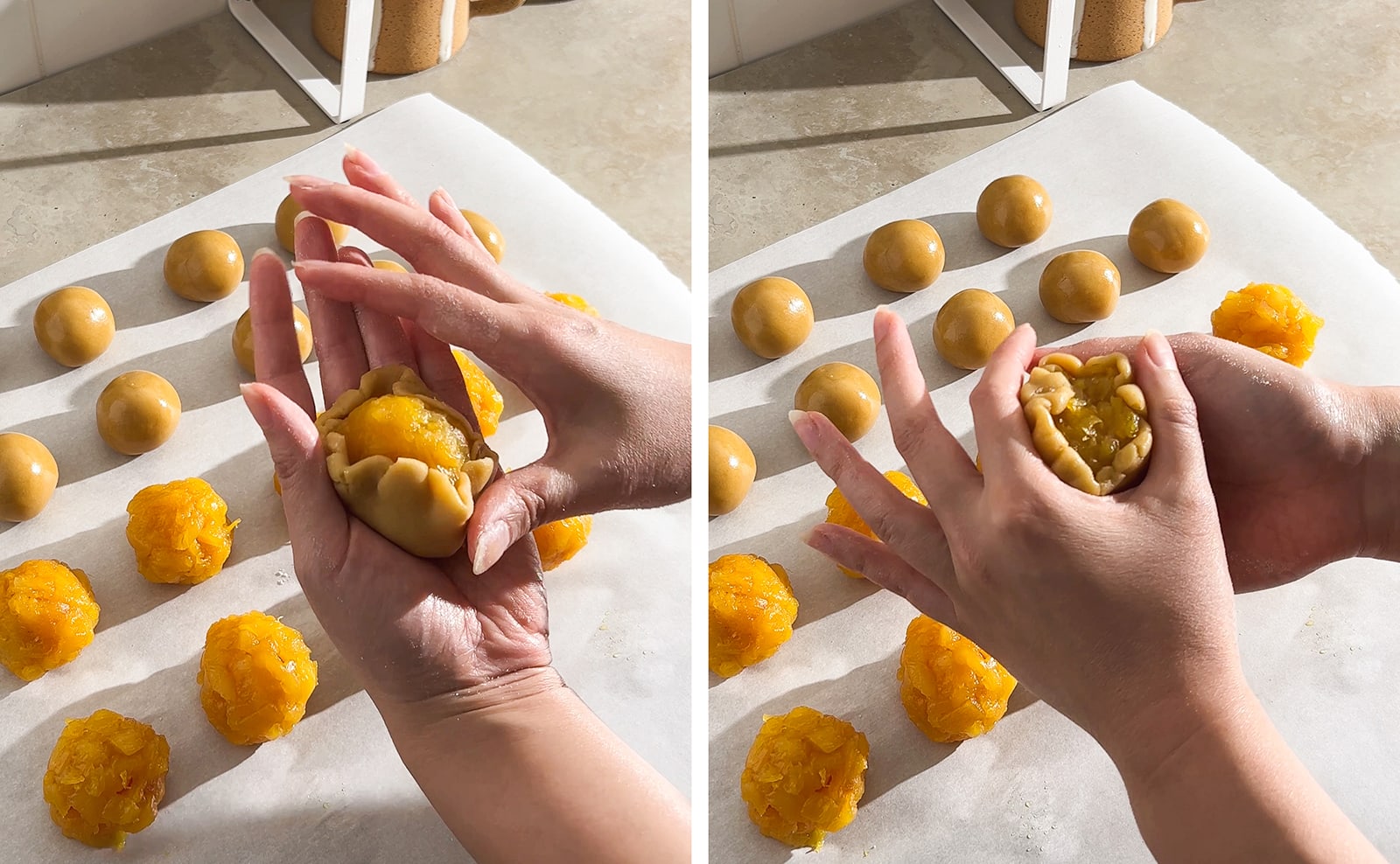 Left to right: hands wrapping dough around pineapple filling, hands sealing dough around filling.