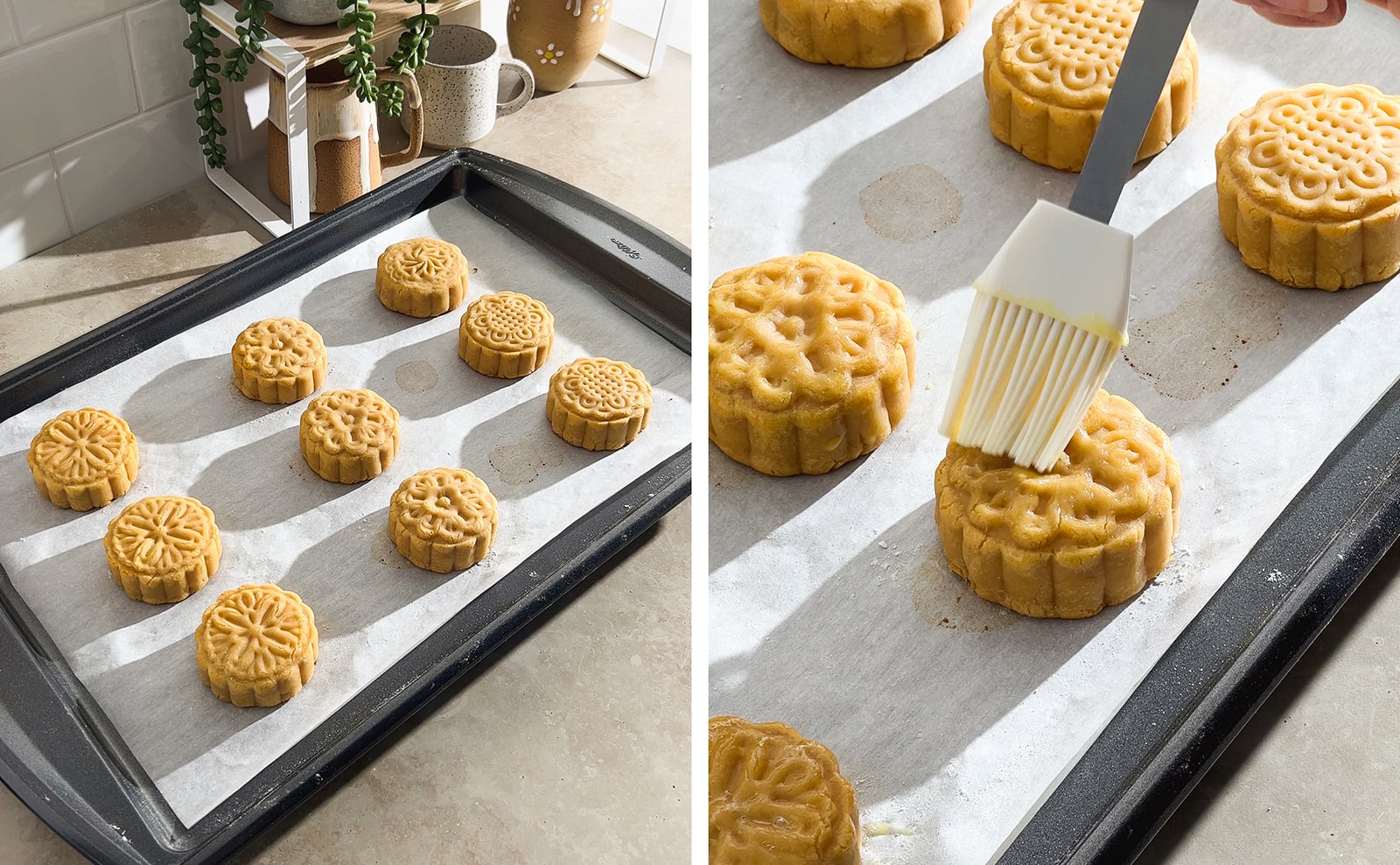 Left to right: pan of mooncakes lined up in rows, brushing egg wash on a mooncake.