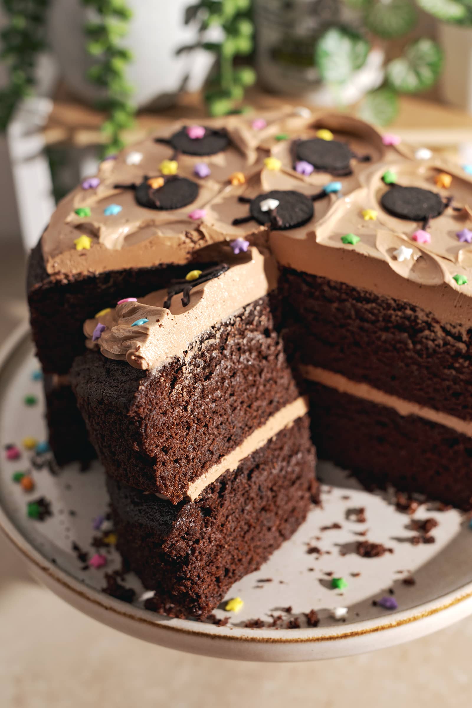 A slice of chocolate cake resting against the rest of the cake.