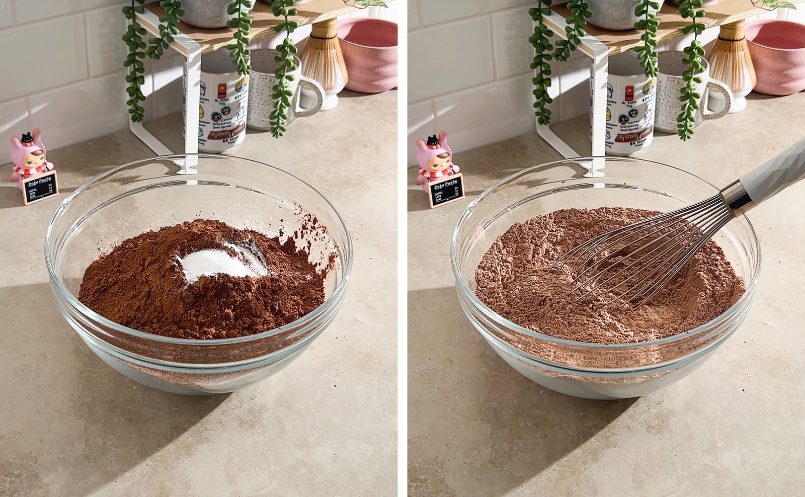 Left to right: cocoa powder and dry ingredients in a mixing bowl, whisk in a bowl of dry ingredients.