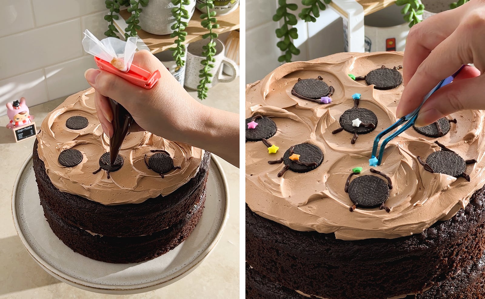 Left to right: piping melted chocolate on top of cake, hand placing star sprinkles on cake with tweezers.