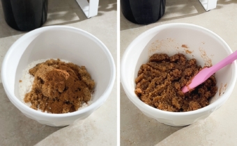 Left to right: streusel ingredients in a bowl, mixing streusel mixture into a crumbly paste.