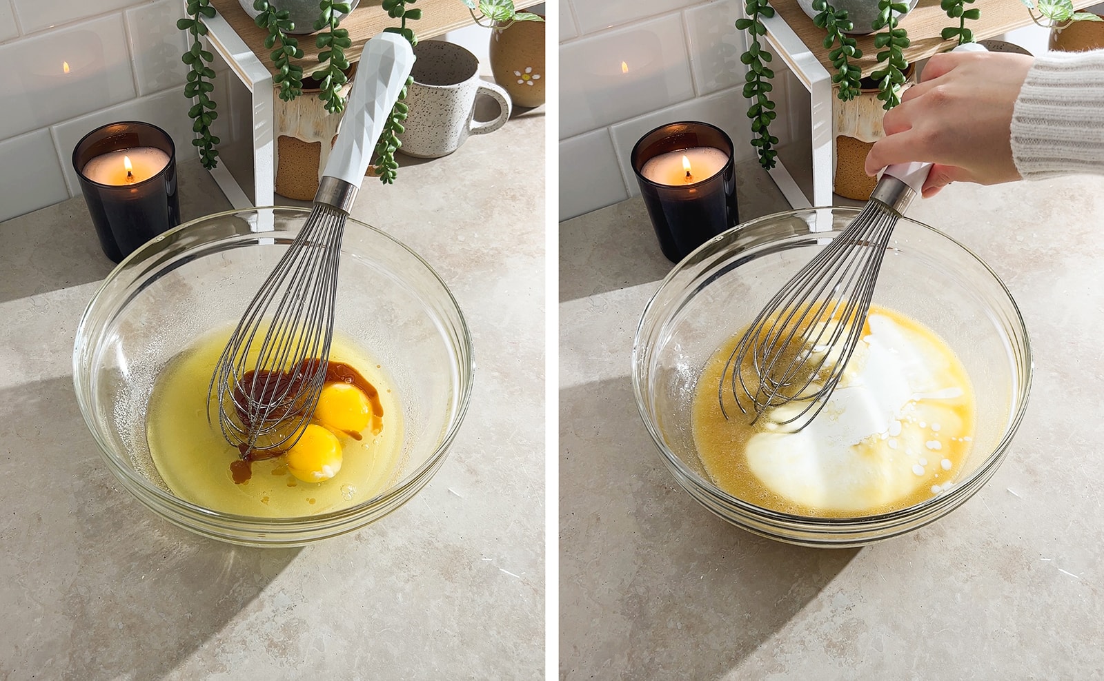 Left to right: eggs and wet ingredients in a mixing bowl, hand whisking buttermilk into wet mixture.