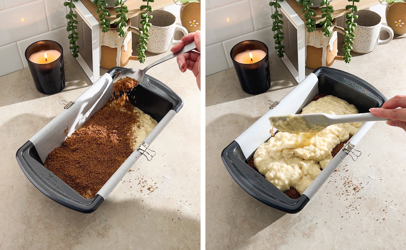 Left to right: sprinkling cinnamon sugar onto batter, dropping cake batter into loaf pan from a spatula.