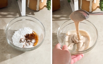 Left to right: icing ingredients in a bowl, icing dripping off spoon into bowl.