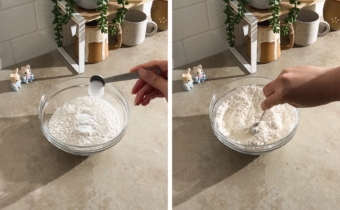 Left to right: sprinkling a spoonful of salt into bowl of flour, stirring a bowl of dry ingredients with a spoon.
