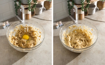 Left to right: an egg in a bowl of batter, batter mixed in a bowl.