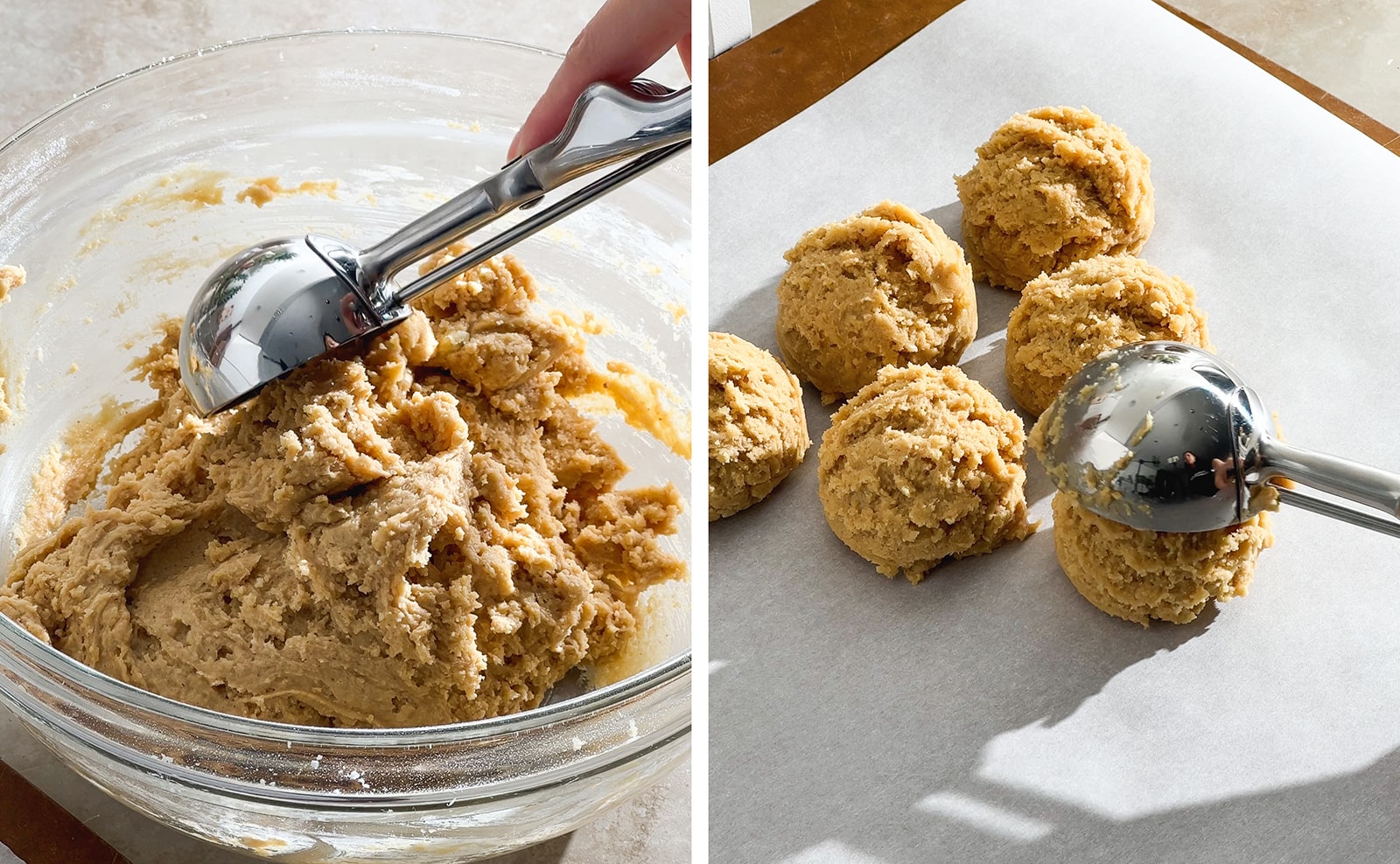 Left to right: scooping cookie dough with an ice cream scooper, releasing cookie dough ball from a scooper onto parchment paper.