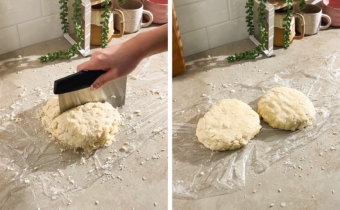 Left to right: cutting dough in half with a bench scraper, two discs of dough on a sheet of plastic wrap.