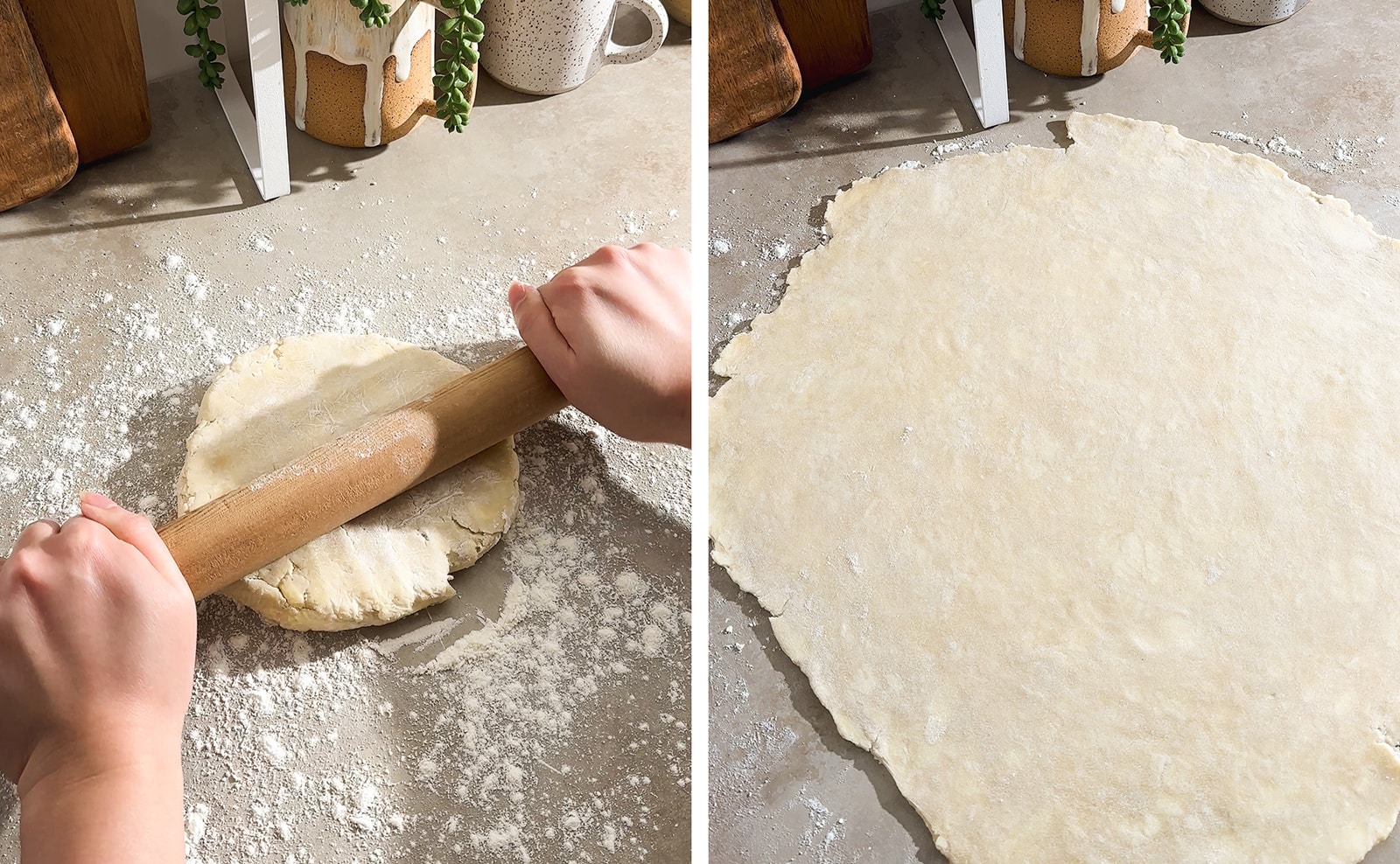 Left to right: rolling out a disc of dough with a rolling pin, rolled out dough on the counter.