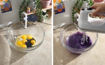 Left to right: egg yolks and ingredients in a mixing bowl, mixing purple mixture with a hand mixer.