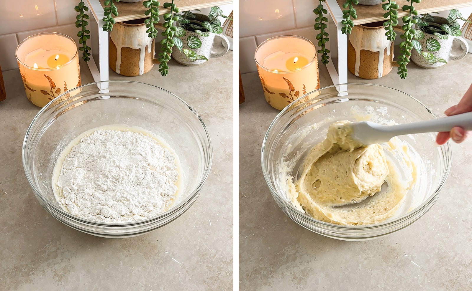 Left to right: flour in bowl of wet mixture, folding together batter with a spatula.