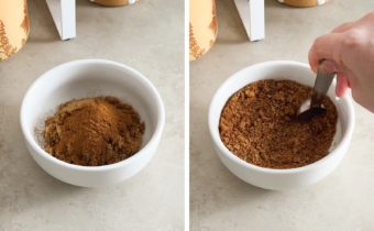 Left to right: brown sugar and cinnamon in a bowl, stirring cinnamon sugar together with a spoon.