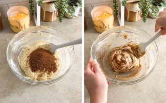 Left to right: cinnamon sugar added to a bowl of batter, folding together donut batter in a bowl with a spatula.