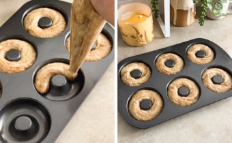 Left to right: piping batter into donut pan, donut pan filled with batter.