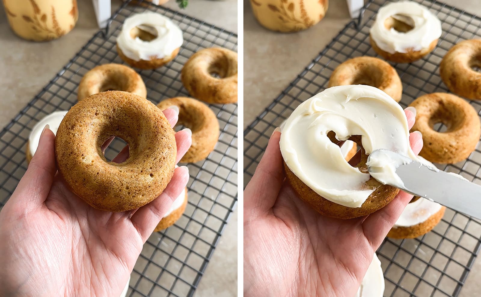 Left to right: hand holding a donut without frosting, spreading cream cheese frosting on top of donut.