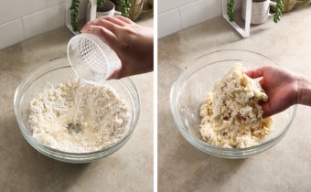 Left to right: pouring water into a well in a bowl of flour, hand holding a handful of shaggy dough.