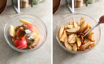 Left to right: a bowl of apple slices and brown sugar, mixing apple slices in brown sugar mixture.