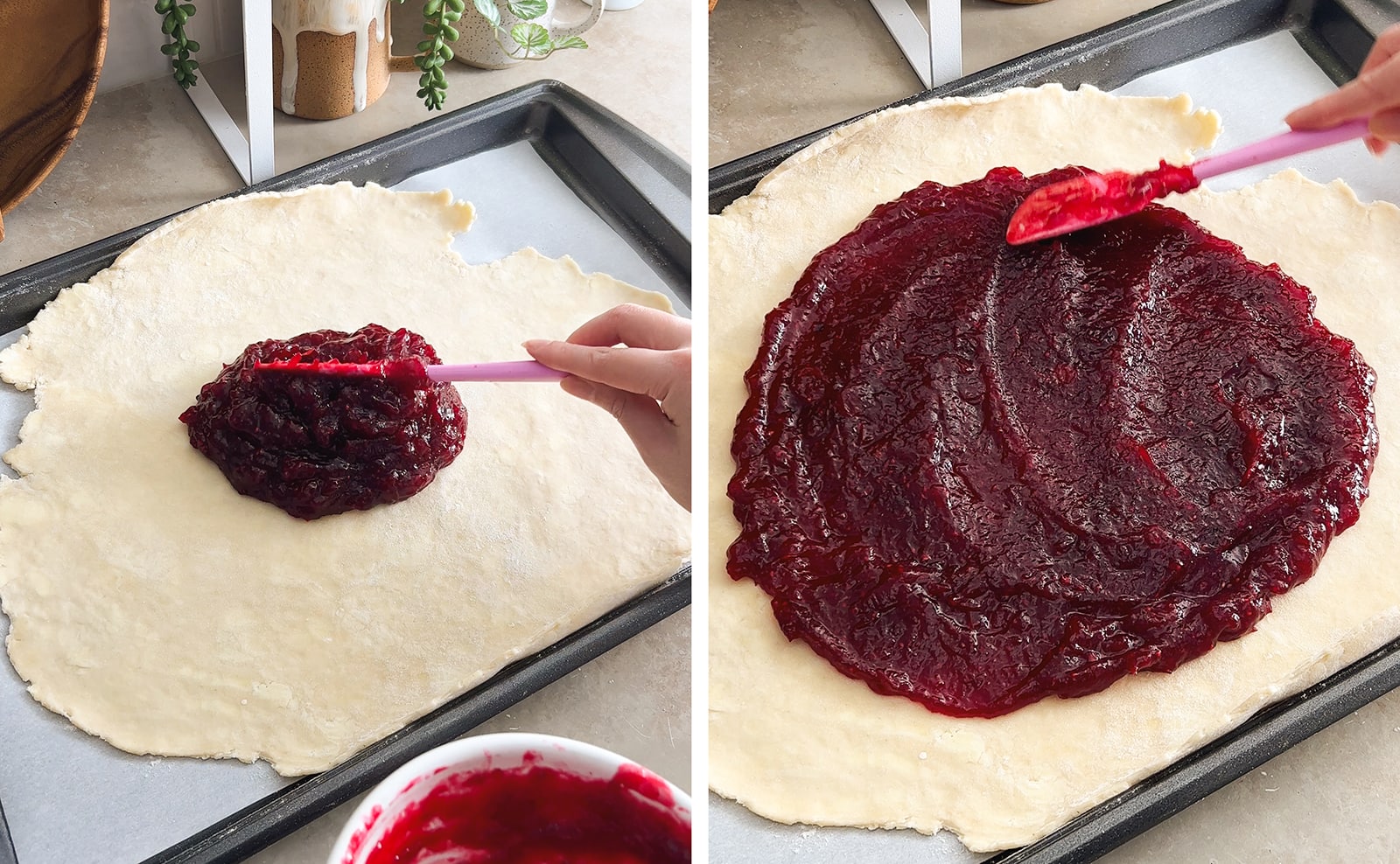 Left to right: adding cranberry filling to pie dough, spreading cranberry filling across pie dough with a spatula.