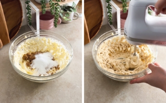 Left to right: sugars in a bowl of butter, creaming butter and sugar with a hand mixer.