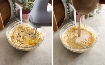 Left to right: mixing an egg into batter with a hand mixer, pouring tea-infused cream into bowl of cake batter.