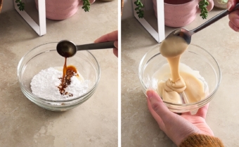 Left to right: pouring a spoonful of vanilla extract into bowl of powdered sugar, drizzling icing off of a spoon into a bowl.