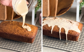 Left to right: pouring icing on top of loaf cake, icing dripping off a loaf cake.