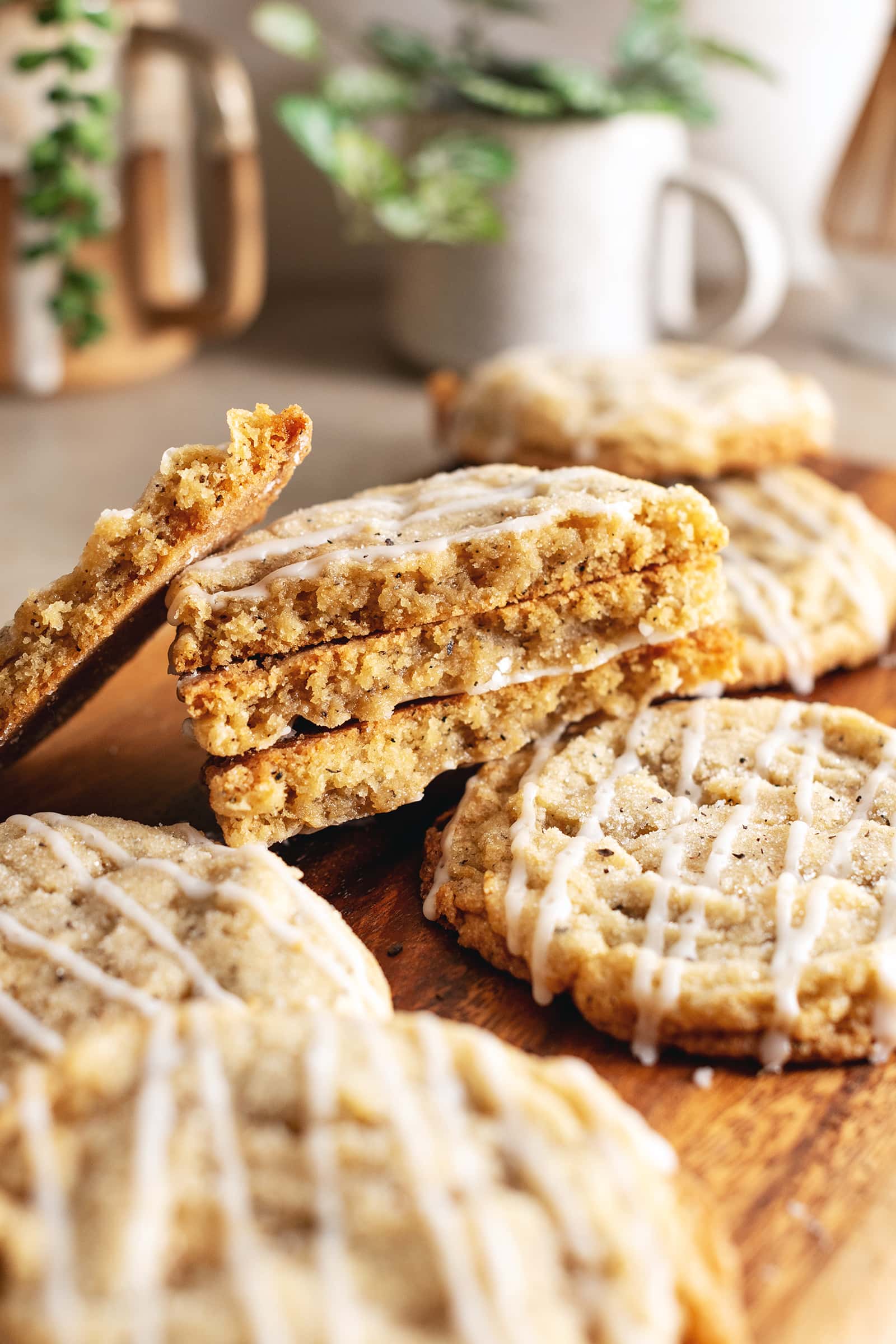 A stack of earl grey sugar cookies cut in half to show texture inside.