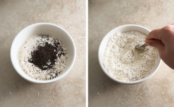 Left to right: flour and tea leaves in a bowl, stirring dry ingredients together with a spoon.