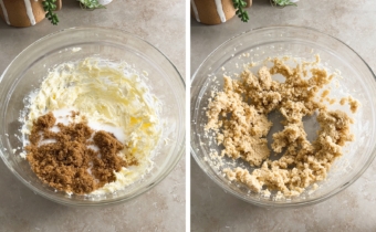 Left to right: a bowl of butter and sugars, butter and sugar creamed together in a mixing bowl.